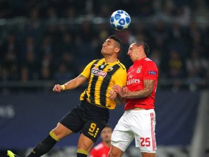 AEK Athens v Benfica UEFA Champions League Giorgos Giakoumakis of AEK Athens and Cristian Lema of Benfica during the UEFA Champions League match at Olympic Stadium, Athens Content Not Available For UK Newspapers Copyright: xYannisxHalasx FIL-12362-0044