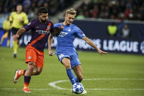 Sergio Aguero 10; Stefan Posh 38; during the UEFA Champions League group F football match between TSG 1899 Hoffenheim and Manchester City at the Rhein-Neckar-Arena in Sinsheim, southwestern Germany, on October 2, 2018. FOOTBALL : TSG 1899 Hoffenheim vs Manchester City - Ligue des Champions - 02 10 2018 ElyxandroCegarra Panoramic 