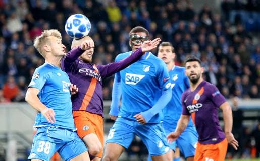 Germany Sinsheim WIRSOL Rhein Neckar Arena 02 10 2018 Soccer UEFA Champions League TSG Hoffenheim Manchester City FC Stefan TSG 1899 Hoffenheim 38 David Silva Manchester City 21 and Kevin Akpoguma TSG 1899 Hoffenheim 25 Copyright: HMBxMedia xHeikoxBecker