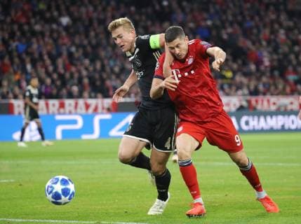 Champions League Match FC Bayern Munich Ajax Amsterdam 1 1 Matthijs de Ligt and Robert Lewandowski DFL regulations prohibit any use of images Munich Bayern Germany Allianz Arena