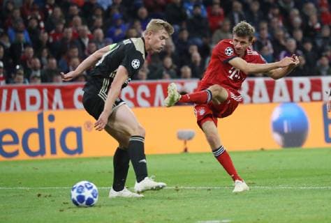 Champions League Match FC Bayern Munich Ajax Amsterdam 1 1 Thomas Müller shoots left Matthijs de Ligt DFL regulations prohibit any use of images Munich Bayern Germany Allianz Arena