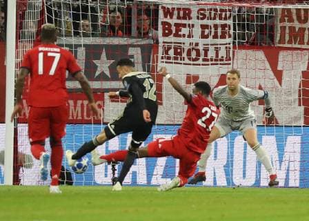 Champions League Match FC Bayern Munich Ajax Amsterdam 1 1 Noussair Mazraoui scores 1 1 for Ajax Alaba comes too late DFL regulations prohibit any use of images Munich Bayern Germany Allianz Arena