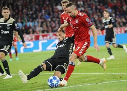 Champions League Match FC Bayern Munich Ajax Amsterdam 1 1 Franck Ribery and Noussair Mazraoui DFL regulations prohibit any use of images Munich Bayern Germany Allianz Arena