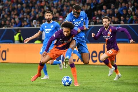 (181003) -- SINSHEIM, Oct. 3, 2018 -- Pavel Kaderabek (2nd R) of Hoffenheim and Raheem Sterling of Manchester City battle for the ball during the Group F match of the UEFA Champions League between Hoffenheim of Bundesliga and Manchester City of Premier league at Wirsol Rhein-Neckar-Arena in Sinsheim, Germany, Oct. 2, 2018. Manchester City won 2-1. ) (SP)GERMANY-SINSHEIM-UEFA CHAMPIONS LEAGUE-MANCHESTER CITY VS HOFFENHEIM UlrichxHufnagel 