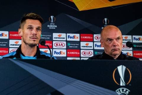 181003 Markus Rosenberg and head coach Uwe Rösler of Malmö FF during a press conference and practice ahead of the Europe League match between Malmö FF and Besiktas on October 3, 2018 in Malmö Photo Ludvig Thunman BILDBYR N code LT 35542  Copyright: LUDVIGxTHUNMAN BB181003LT018
