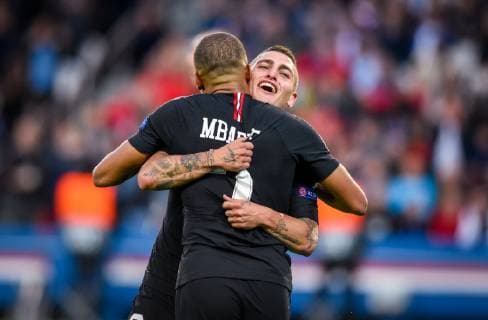 Fußball, CL, Paris Saint Germain - Roter Stern Belgrad Joie de Kylian Mbappe ( PSG ) - Marco Verrati ( PSG ) FOOTBALL : Paris Saint Germain vs Etoile Rouge Belgrade - Ligue des Champions - Paris - 03 10 2018 FedericoPestellini Panoramic 