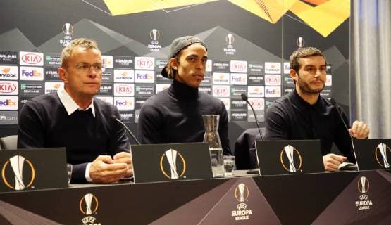 Press Conference RB Leipzig Soccer Euro League Trondheim 03 10 2018 Lerkendal Stadium Football UEFA Euro League Group B Press Conference the day before to the EL game Rosenborg BK Trondheim vs. RB Leipzig In the picture Head coach Ralf Rangnick Yussuf Poulsen 9 RB Leipzig and RBL press spokesman Benjamin Ippoliti According to UEFAs guidelines It is forbidden to use or process photo shoots in the stadium and or the game in the form of sequence pictures and or video-like photo series