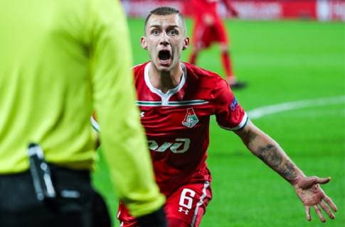 MOSCOW, RUSSIA â€“ OCTOBER 3, 2018: Lokomotiv Moscow s Dmitry Barinov reacts in the 2018 19 UEFA Champions League Group D Round 2 football match against FC Schalke 04 at RZD Arena Stadium. Sergei Fadeichev TASS  TS09266E