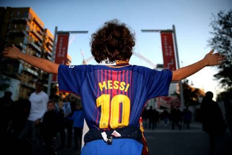 3rd October 2018, Wembley Stadium, London England; UEFA Champions League football, Tottenham Hotspur versus Barcelona; A young Barcelona fan arrives at Wembley Stadium wearing a Lionel Messi of Barcelona shirt  ActionPlus12067620 JohnxPatrickxFletcher