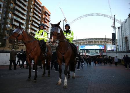 3rd October 2018, Wembley Stadium, London England; UEFA Champions League football, Tottenham Hotspur versus Barcelona; Police officers on horses provide security outside Wembley Stadium  ActionPlus12067622 JohnxPatrickxFletcher