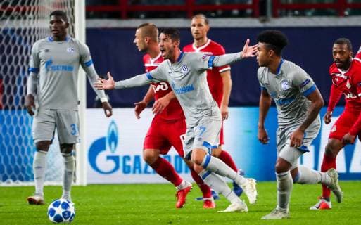 MOSCOW, RUSSIA â€“ OCTOBER 3, 2018: FC Schalke 04 s Breel Embolo, Mark Uth, and Weston McKennie (L-R grey) in their 2018 19 UEFA Champions League Group D Round 2 football match against FC Lokomotiv Moscow at RZD Arena Stadium. Sergei Fadeichev TASS  TS092670