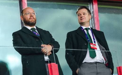 MOSCOW, RUSSIA â€“ OCTOBER 3, 2018: FC Lokomotiv Moscow s President Ilya Gerkus (L) and FC Lokomotiv Moscow s Sporting Director Erik Stoffelshaus watch the 2018 19 UEFA Champions League Group D Round 2 football match between Lokomotiv Moscow and FC Schalke 04 at RZD Arena Stadium. Sergei Fadeichev TASS  TS092690