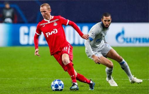 MOSCOW, RUSSIA â€“ OCTOBER 3, 2018: Lokomotiv Moscow s Vladislav Ignatyev (L) and FC Schalke 04 s Nabil Bentaleb in action in their 2018 19 UEFA Champions League Group D Round 2 football match at RZD Arena Stadium. Sergei Fadeichev TASS  TS09269B