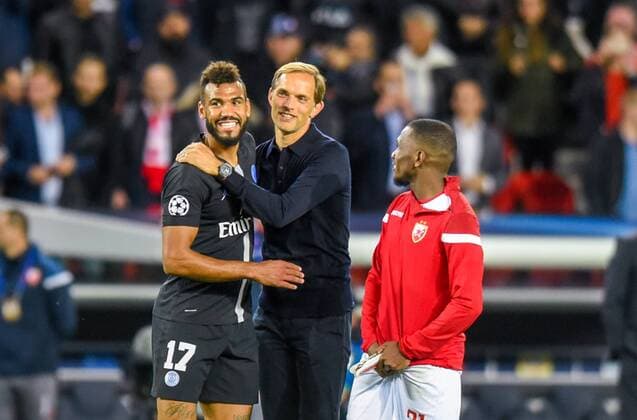 Joie de Thomas Tuchel ( entraineur PSG ) - Eric Maxim Choupo Moting ( PSG ) FOOTBALL : Paris Saint Germain vs Etoile Rouge Belgrade - Ligue des Champions - Paris - 03 10 2018 FedericoPestellini Panoramic 