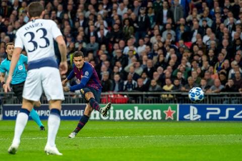 Philippe Coutinho of Barcelona scores the opening goal during the UEFA Champions League Group Stage match between Tottenham Hotspur and Barcelona at Wembley Stadium, London, England on 3 October 2018. Editorial use only, license required for commercial use. No use in betting, games or a single club league player publications. Copyright: xSalvioxCalabresex 21440001