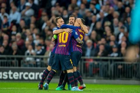 Philippe Coutinho of Barcelona celebrates scoring the equaliser with his team mates during the UEFA Champions League Group Stage match between Tottenham Hotspur and Barcelona at Wembley Stadium, London, England on 3 October 2018. Editorial use only, license required for commercial use. No use in betting, games or a single club league player publications. Copyright: xSalvioxCalabresex 21440002