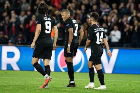 Edinson Cavani and Kylian Mbappe (PSG) during UEFA Champions League match between Paris Saint Germain and Red Star of Belgrade at the Parc des Princes, in Paris, France, October 3rd, 2018. .  Copyright: xAurelienxMorissardx