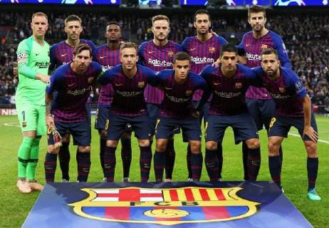 Barcelona team group Mannschaftsbild Totale during the UEFA Champions League Group B match at Wembley Stadium, London. Picture date: 3rd October 2018. Picture credit should read: David Kein Sportimage EDITORIAL USE ONLY. No use with unauthorised audio, video, data, fixture lists, club league logos or live services. Online in-match use limited to 120 images, no video emulation. No use in betting, games or single club league player publications.