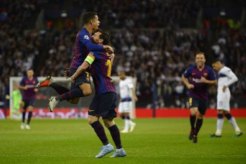 Coutinho celebrates after scoring his sides first goal with Lionel Messi or Barcelona Group B match of the UEFA Champions League between Tottenham Hotspurs and FC Barcelona at Wembley Stadium on October 03, 2018 in London England  xJosexBretonx xTottenhamxvxFCxBarcelonax-xChampionsxLeaguex