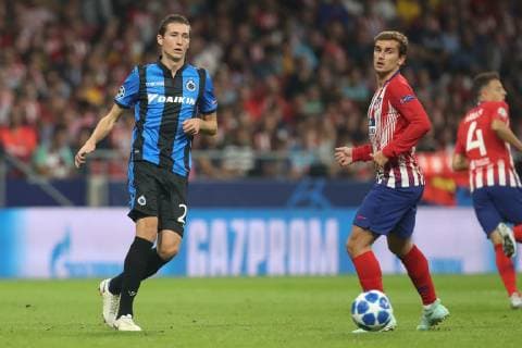 Club s Hans Vanaken and Atletico s Antoine Griezmann fight for the ball during the match between Belgian soccer team Club Brugge KV and Atletico Madrid, in group A on day two the UEFA Champions League, in Mardid, Spain, Wednesday 03 October 2018. BRUNOxFAHY  x05440137x