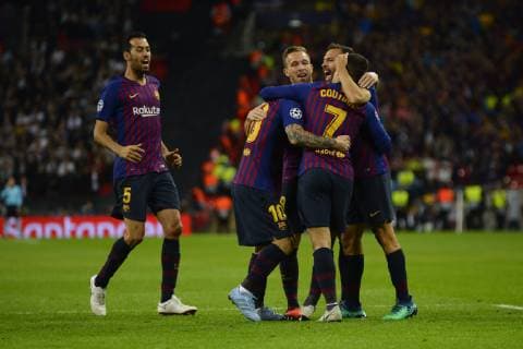 Coutinho celebrates after scoring his sides first goal whit Lionel Messi of Barcelona Group B match of the UEFA Champions League between Tottenham Hotspurs and FC Barcelona at Wembley Stadium on October 03 2018 in London England  xJosexBretonx xTottenhamxvxFCxBarcelonax-xChampionsxLeaguex
