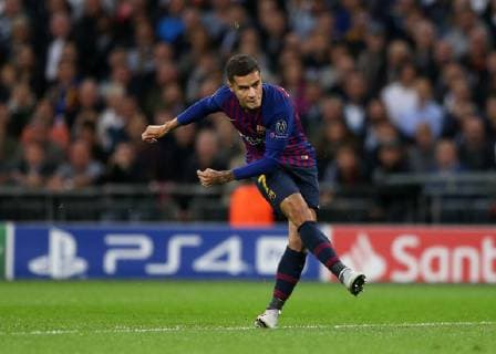 3rd October 2018, Wembley Stadium, London England; UEFA Champions League football, Tottenham Hotspur versus Barcelona; Philippe Coutinho of Barcelona shoots to score his sides 1st goal in the 1st minute to make it 0-1  ActionPlus12067643 JohnxPatrickxFletcher
