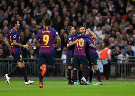 3rd October 2018, Wembley Stadium, London England; UEFA Champions League football, Tottenham Hotspur versus Barcelona; Philippe Coutinho of Barcelona celebrates with his team mmates after scoring his sides 1st goal in the 1st minute to make it 0-1  ActionPlus12067644 JohnxPatrickxFletcher