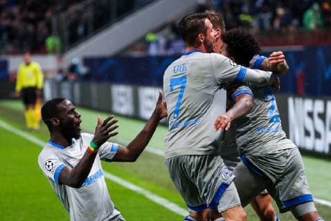 MOSCOW, RUSSIA â€“ OCTOBER 3, 2018: FC Schalke 04 s players celebrate scoring in their 2018 19 UEFA Champions League Group D Round 2 football match against FC Lokomotiv Moscow at RZD Arena Stadium. FC Schalke 04 won the game 1:0. Sergei Fadeichev TASS  TS0926B8