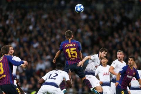 3rd October 2018, Wembley Stadium, London England; UEFA Champions League football, Tottenham Hotspur versus Barcelona; Clement Lenglet of Barcelona mis times the headed ball from a corner  ActionPlus12067646 JohnxPatrickxFletcher