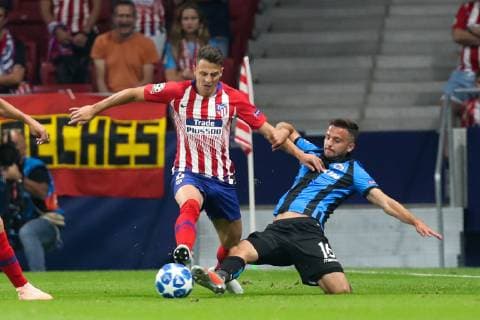 Club s Luan Peres and Club s Siebe Schrijvers fight for the ball during the match between Belgian soccer team Club Brugge KV and Atletico Madrid, in group A on day two the UEFA Champions League, in Mardid, Spain, Wednesday 03 October 2018. BRUNOxFAHY  x05440142x