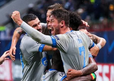 MOSCOW, RUSSIA â€“ OCTOBER 3, 2018: FC Schalke 04 s players celebrate scoring in their 2018 19 UEFA Champions League Group D Round 2 football match against FC Lokomotiv Moscow at RZD Arena Stadium. FC Schalke 04 won the game 1:0. Sergei Fadeichev TASS  TS0926BB