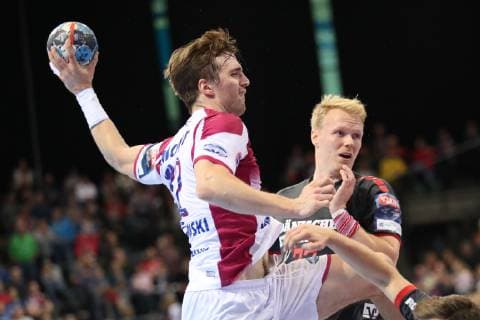 SG Flensburg Handewitt vs HC Motor Zaporozhye Handball EHF Champions League Group Stage 03 10 18 Pawel Paczkowski HC Motor Zaporozhye 22 against Anders Zachariassen SG Flensburg Handewitt 22 xmmkx