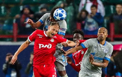 Sport Bilder des Tages MOSCOW, RUSSIA â€“ OCTOBER 3, 2018: Lokomotiv Moscow s Benedikt Howedes and FC Schalke 04 s Weston McKennie, Naldo (L-R) in action in their 2018 19 UEFA Champions League Group D Round 2 football match at RZD Arena Stadium. FC Schalke 04 won the game 1:0. Sergei Fadeichev TASS  TS0926BD