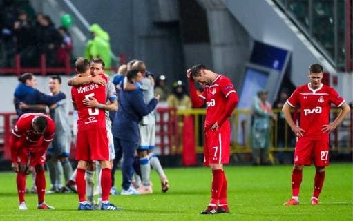MOSCOW, RUSSIA â€“ OCTOBER 3, 2018: Lokomotiv Moscow s Manuel Fernandes, Benedikt Howedes, Grzegorz Krychowiak, and Igor Ddenisov (L-R) upset after the 2018 19 UEFA Champions League Group D Round 2 football match against FC Schalke 04 at RZD Arena Stadium. FC Schalke 04 won the game 1:0. Sergei Fadeichev TASS  TS0926BE