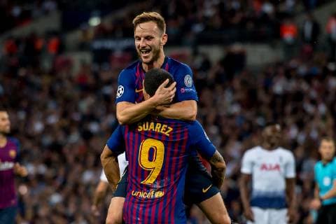 Ivan Rakitic of Barcelona celebrates scoring his goal during the UEFA Champions League Group Stage match between Tottenham Hotspur and Barcelona at Wembley Stadium, London, England on 3 October 2018. Editorial use only, license required for commercial use. No use in betting, games or a single club league player publications. Copyright: xSalvioxCalabresex 21440008