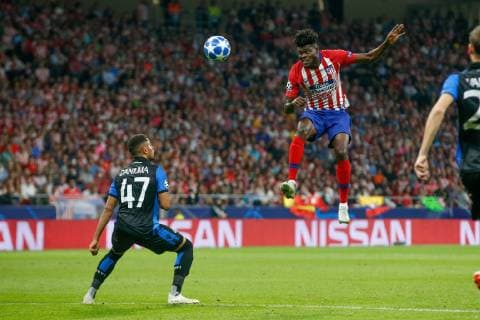 Club s Arnaud Danjuma and Atletico s Thomas Lemar fight for the ball during the match between Belgian soccer team Club Brugge KV and Atletico Madrid, in group A on day two the UEFA Champions League, in Mardid, Spain, Wednesday 03 October 2018. BRUNOxFAHY  x05440161x