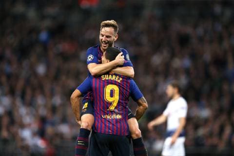 3rd October 2018, Wembley Stadium, London England; UEFA Champions League football, Tottenham Hotspur versus Barcelona; Ivan Rakitic of Barcelona celebrates scoring his sides 2nd goal in the 28th minute with Luis Suarez of Barcelona to make it 0-2  ActionPlus12067652 JohnxPatrickxFletcher