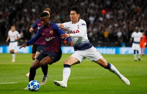 Tottenham s Son Heung-Min chases Barcelona s Nelson Semedo during the UEFA Champions League Group B match at Wembley Stadium, London. Picture date: 3rd October 2018. Picture credit should read: David Kein Sportimage EDITORIAL USE ONLY. No use with unauthorised audio, video, data, fixture lists, club league logos or live services. Online in-match use limited to 120 images, no video emulation. No use in betting, games or single club league player publications.