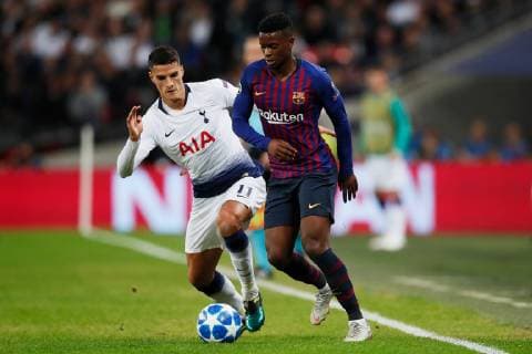 Barcelona s Nelson Semedo takes on Tottenham s Erik Lamela during the UEFA Champions League Group B match at Wembley Stadium, London. Picture date: 3rd October 2018. Picture credit should read: David Kein Sportimage EDITORIAL USE ONLY. No use with unauthorised audio, video, data, fixture lists, club league logos or live services. Online in-match use limited to 120 images, no video emulation. No use in betting, games or single club league player publications.