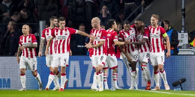 EINDHOVEN, PSV - Inter Milan, football, Champions League, season 2018-2019, 03-10-2018, Philips Stadium, PSV players are celebrating the 1-0 of PSV player Pablo Rosario (2R) PSV - Inter Milan  x2518106x