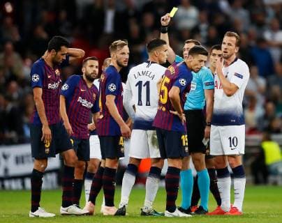 Tottenham s Erik Lamela is shown a yellow card during the UEFA Champions League Group B match at Wembley Stadium, London. Picture date: 3rd October 2018. Picture credit should read: David Kein Sportimage EDITORIAL USE ONLY. No use with unauthorised audio, video, data, fixture lists, club league logos or live services. Online in-match use limited to 120 images, no video emulation. No use in betting, games or single club league player publications.