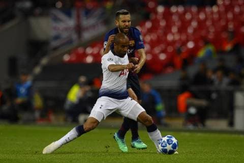 Lucas of Tottenham and Jordi Alba of Barcelona battle for the ball Group B match of the UEFA Champions League between Tottenham Hotspurs and FC Barcelona at Wembley Stadium on October 03, 2018 in London England  xJosexBretonx xTottenhamxvxFCxBarcelonax-xChampionsxLeaguex