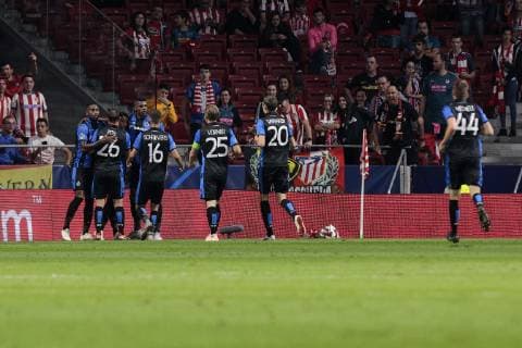 Club Brugge s players celebrate goal during UEFA Champions League match between Atletico de Madrid and Club Brugge at Wanda Metropolitano Stadium in Madrid, Spain. October 03, 2018.  (201810030044)