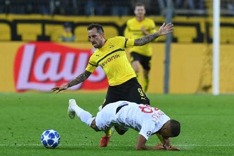 Soccer Champions League Group Stage 2 Gameday Borussia Dortmund AS Monaco on 03 10 2018 at Signal Iduna Park in Dortmund Benjamin Henrichs Monaco in front Paco Alcacer Dortmund in the back xRx
