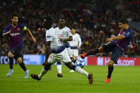 Luis Suarez of Barcelona shooting to goal Group B match of the UEFA Champions League between Tottenham Hotspurs and FC Barcelona at Wembley Stadium on October 03 2018 in London England  xJosexBretonx xTottenhamxvxFCxBarcelonax-xChampionsxLeaguex
