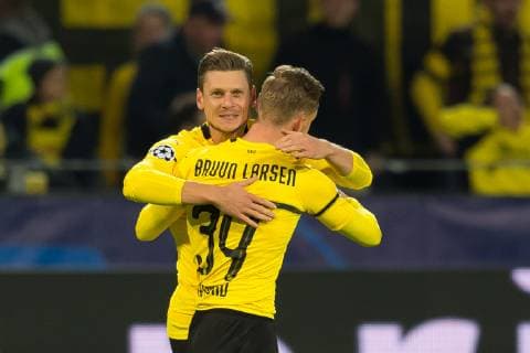 Dortmund Germany 03 10 2018 UEFA Champions League 2018 19 Season Preliminary Round Group Stage Group A 2 Matchday BV Borussia Dortmund AS Monaco Goal to goal Goalkeeper Jacob Bruun Larsen BVB celebrate with Lukasz Piszczek BVB DeFodi053