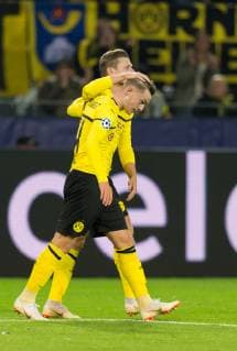 Dortmund Germany 03 10 2018 UEFA Champions League 2018 19 Season Preliminary Round Group Stage Group A 2 Matchday BV Borussia Dortmund AS Monaco Goal to goal Goalkeeper Jacob Bruun Larsen BVB celebrate with Lukasz Piszczek BVB DeFodi053