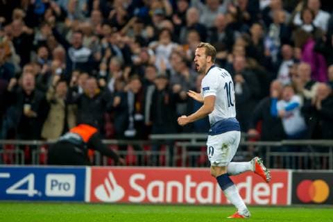 Harry Kane of Tottenham Hotspur celebrates scoring his goal during the UEFA Champions League Group Stage match between Tottenham Hotspur and Barcelona at Wembley Stadium, London, England on 3 October 2018. Editorial use only, license required for commercial use. No use in betting, games or a single club league player publications. Copyright: xSalvioxCalabresex 21440020