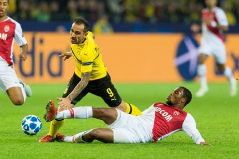 Dortmund Germany 03 10 2018 UEFA Champions League 2018 19 Season Preliminary Round Group Stage Group A 2 Matchday BV Borussia Dortmund AS Monaco Paco Alcacer BVB and Djibril Sidibe Monaco in a duel DeFodi053