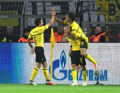 03 10 2018 Football UEFA Champions League Season 2018 2019 Preliminary Round 2 Gameday Borussia Dortmund AS Monaco rejoicing v left Thomas Delaney Borussia Dortmund Jacob Bruun Larsen Borussia Dortmund Axel Witsel Borussia Dortmund Team2
